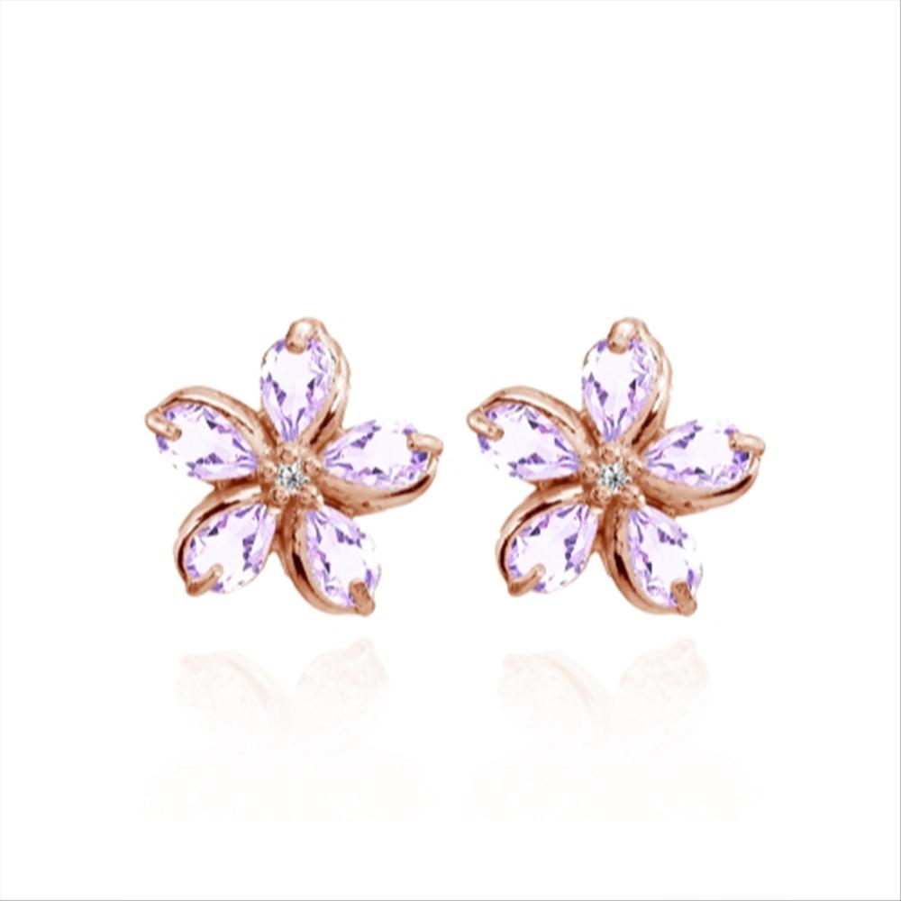 Rose Gold Flashed Sterling Silver Amethyst Polished Flower Stud Earrings-4
