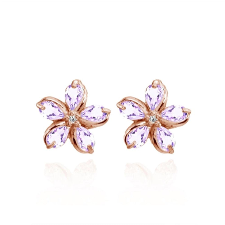Rose Gold Flashed Sterling Silver Amethyst Polished Flower Stud Earrings