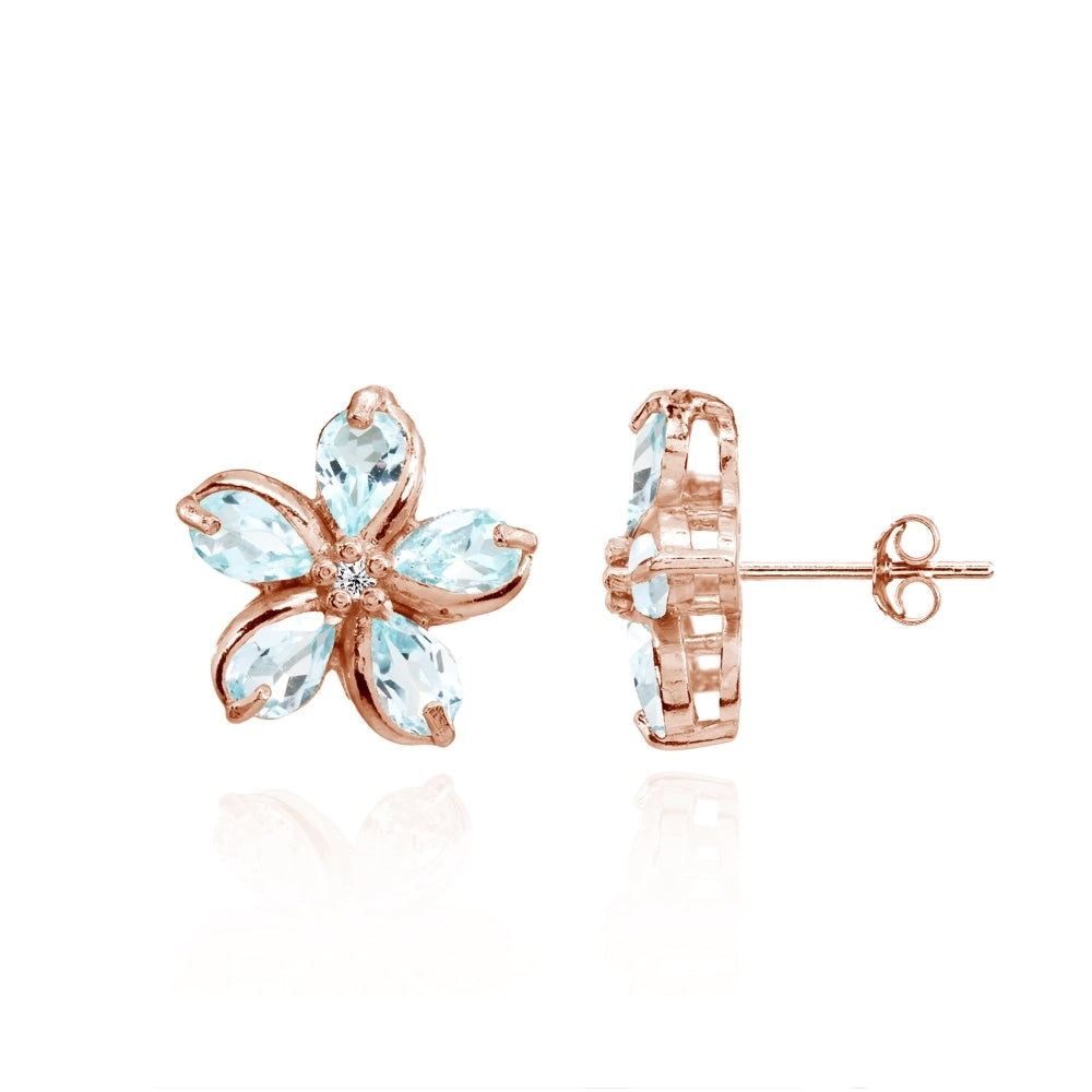Rose Gold Flashed Sterling Silver Blue Topaz Polished Flower Stud Earrings