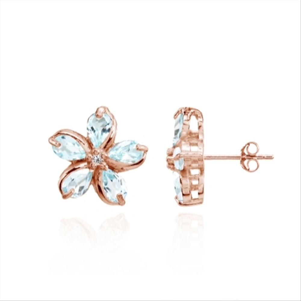 Rose Gold Flashed Sterling Silver Blue Topaz Polished Flower Stud Earrings-2