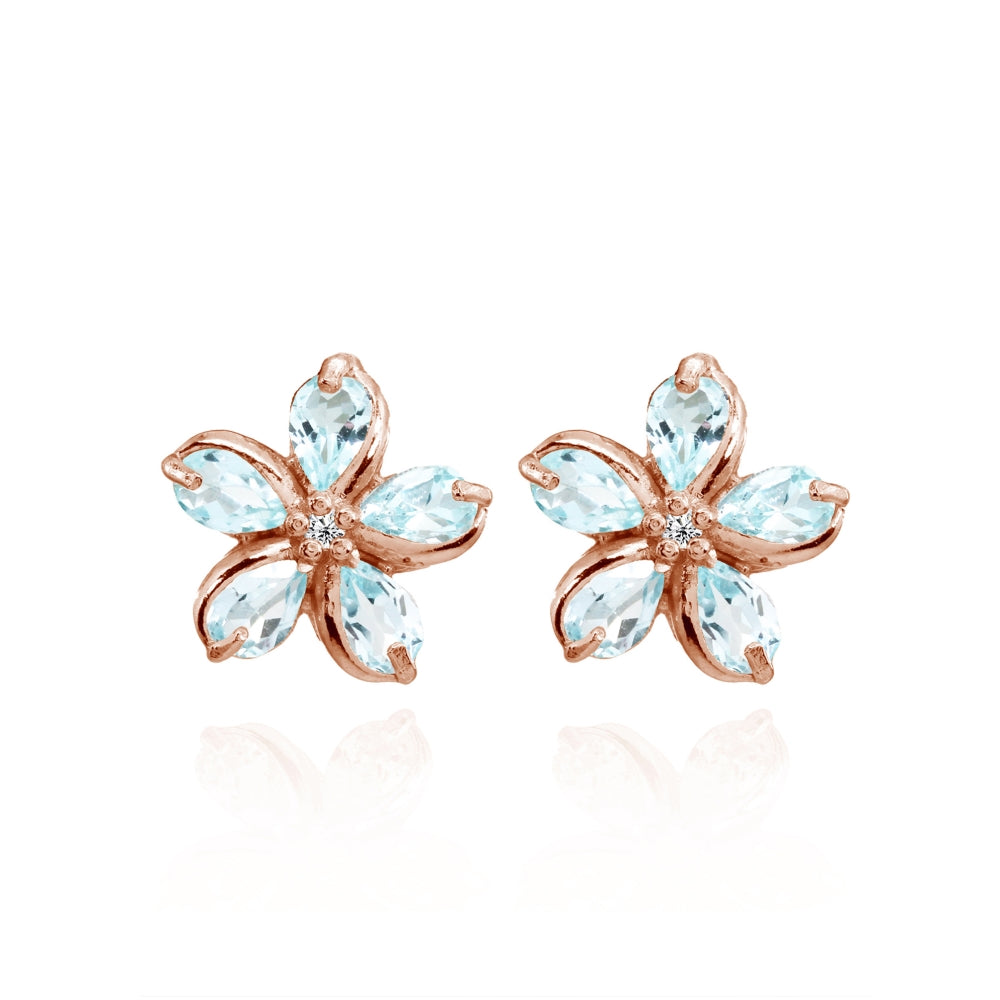 Rose Gold Flashed Sterling Silver Blue Topaz Polished Flower Stud Earrings-3