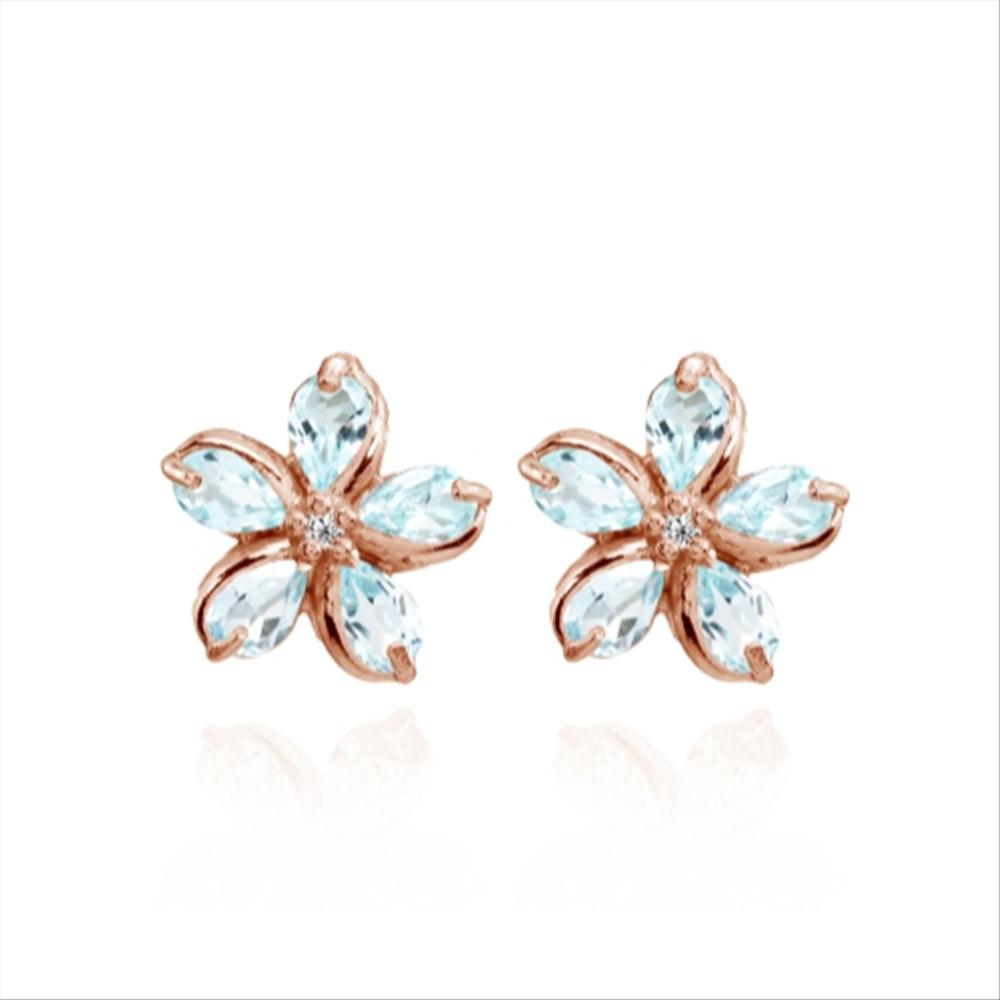 Rose Gold Flashed Sterling Silver Blue Topaz Polished Flower Stud Earrings-4