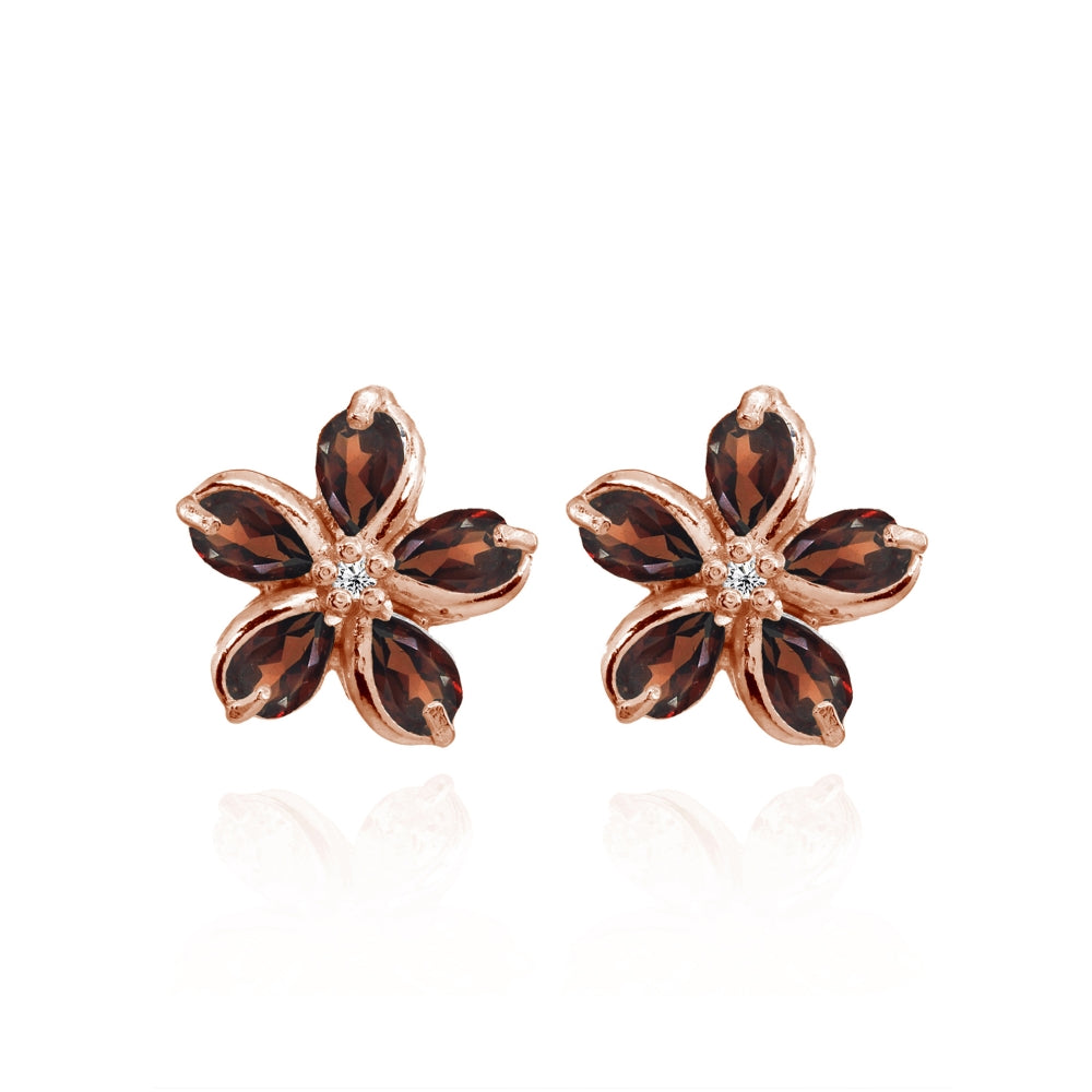 Rose Gold Flashed Sterling Silver Garnet Polished Flower Stud Earrings-3