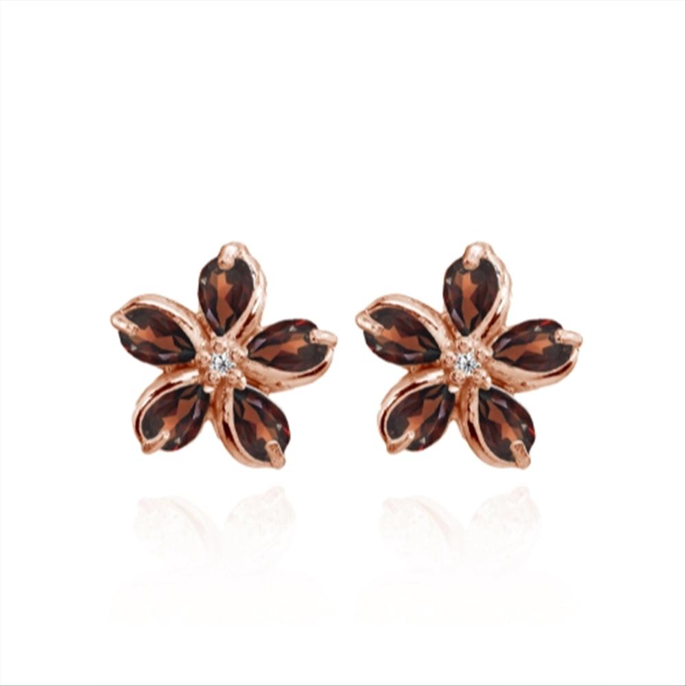 Rose Gold Flashed Sterling Silver Garnet Polished Flower Stud Earrings-4