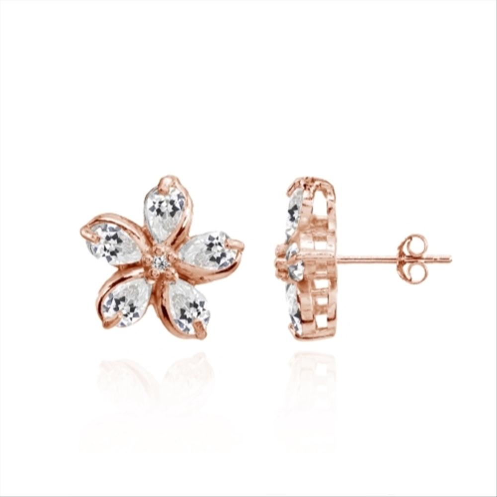 Rose Gold Flashed Sterling Silver Cubic Zirconia Polished Flower Stud Earrings-2
