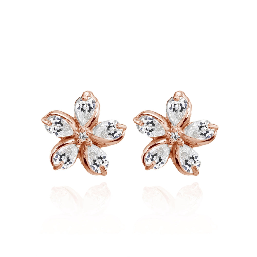 Rose Gold Flashed Sterling Silver Cubic Zirconia Polished Flower Stud Earrings-3