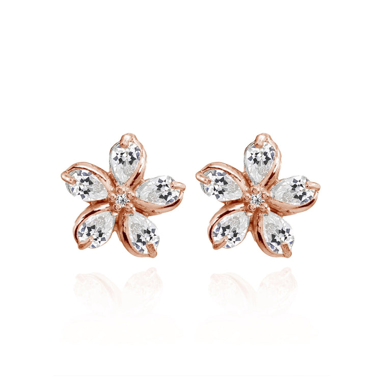 Rose Gold Flashed Sterling Silver Cubic Zirconia Polished Flower Stud Earrings
