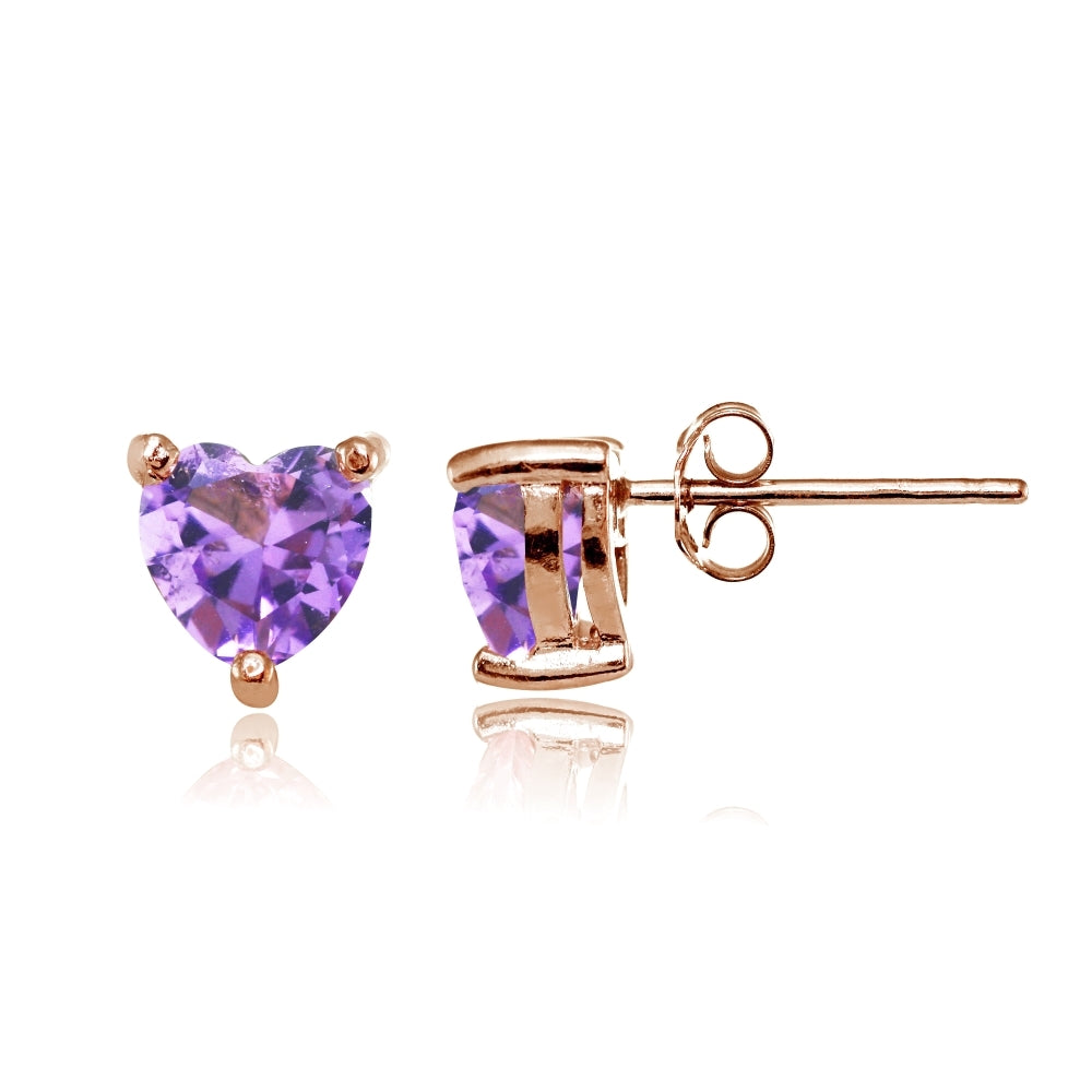 Rose Gold Flashed Sterling Silver Created Amethyst 6mm Heart Stud Earrings