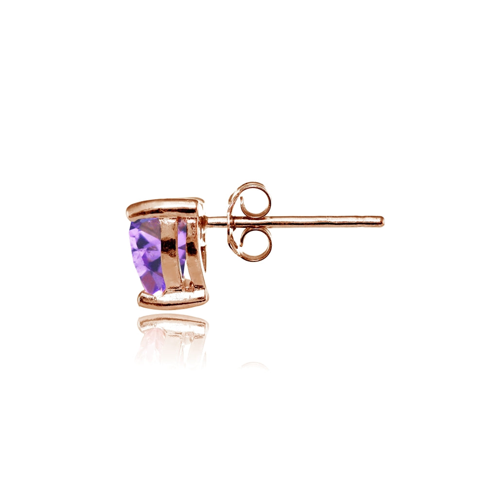 Rose Gold Flashed Sterling Silver Created Amethyst 6mm Heart Stud Earrings-2