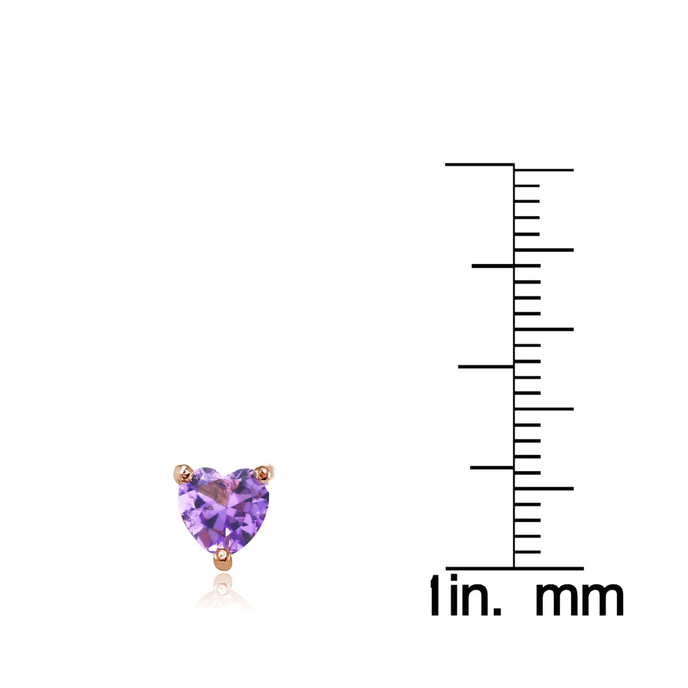 Rose Gold Flashed Sterling Silver Created Amethyst 6mm Heart Stud Earrings-3