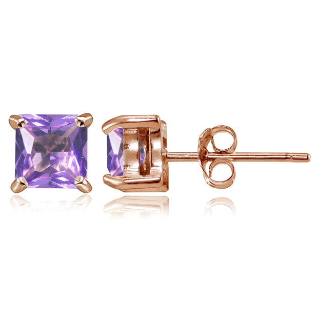Rose Gold Flashed Sterling Silver Created Amethyst 5mm Princess-cut Stud Earrings