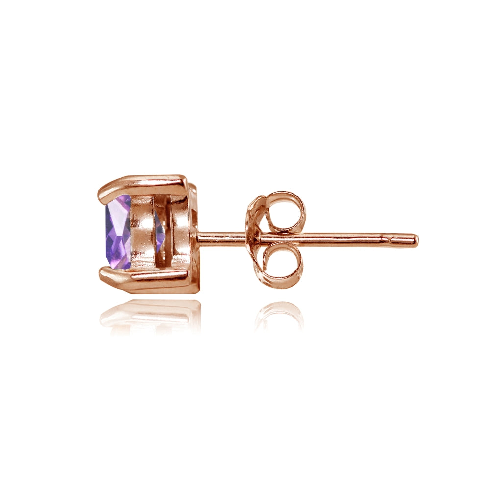 Rose Gold Flashed Sterling Silver Created Amethyst 5mm Princess-cut Stud Earrings-2