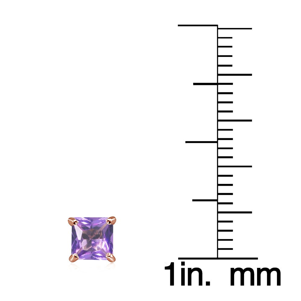 Rose Gold Flashed Sterling Silver Created Amethyst 5mm Princess-cut Stud Earrings-3