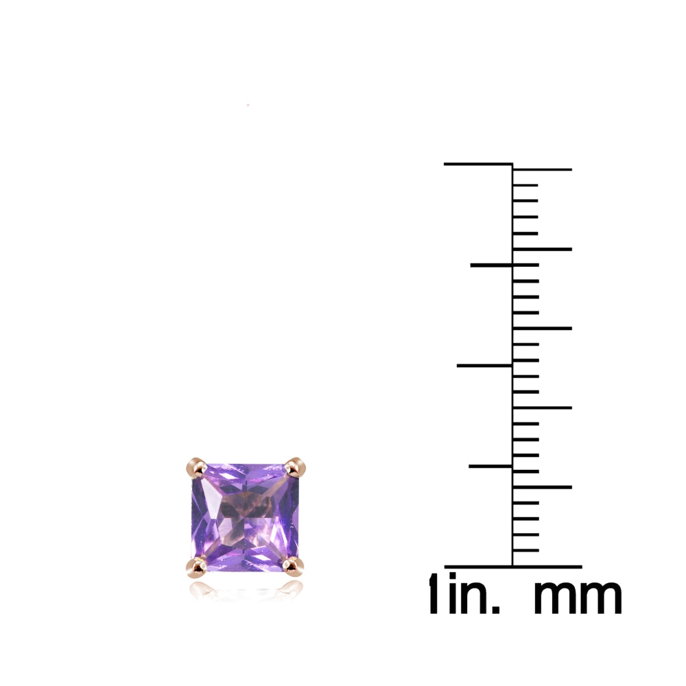 Rose Gold Flashed Sterling Silver Created Amethyst 6mm Princess-cut Stud Earrings-3