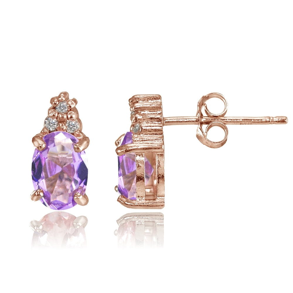Rose Gold Flashed Sterling Silver Created Amethyst and CZ Accent Oval Stud Earrings