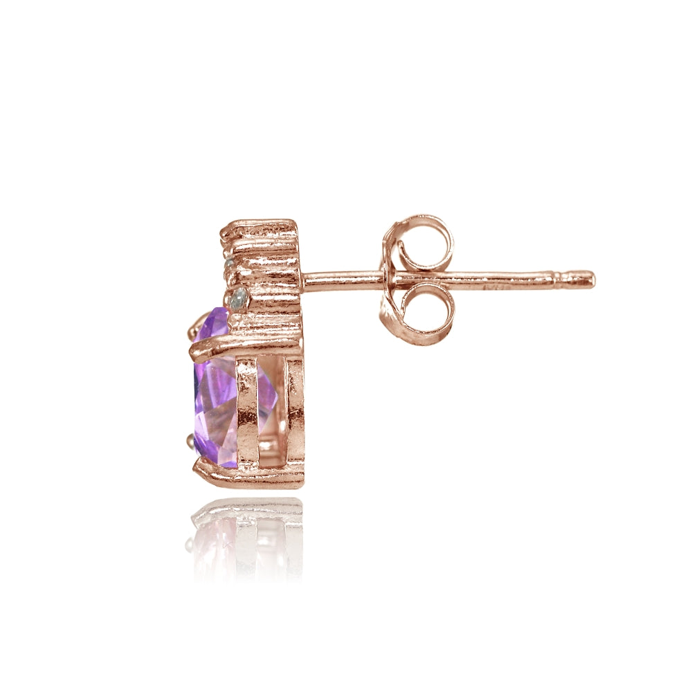 Rose Gold Flashed Sterling Silver Created Amethyst and CZ Accent Oval Stud Earrings-2