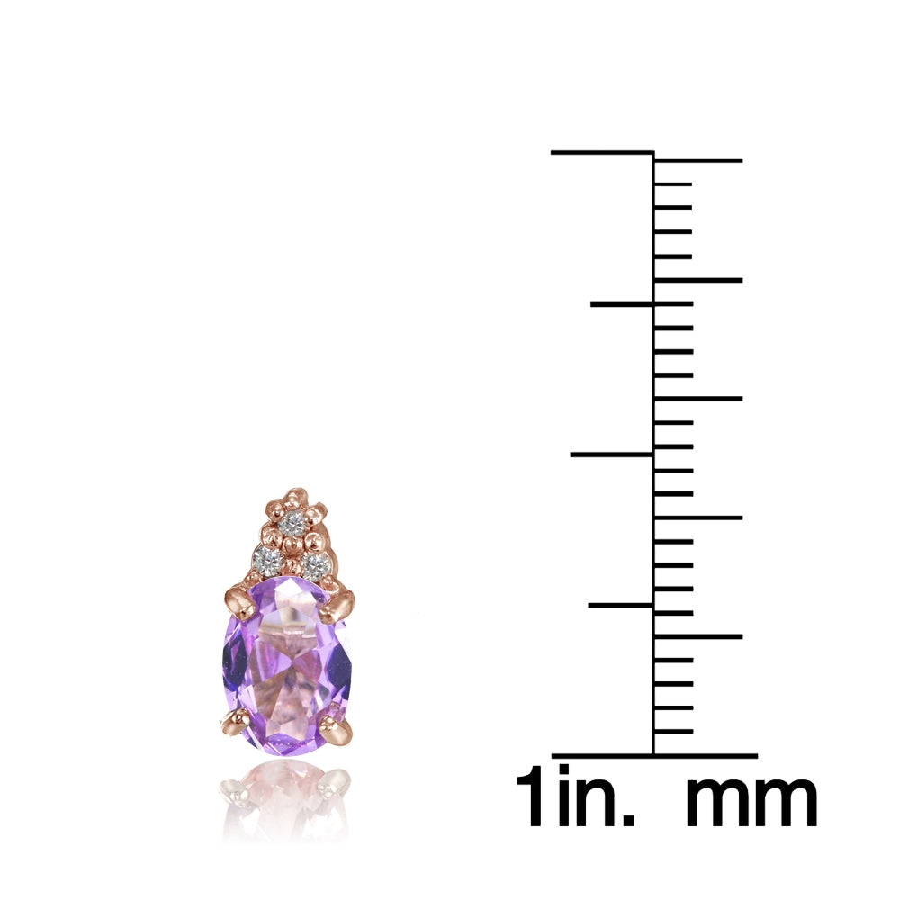 Rose Gold Flashed Sterling Silver Created Amethyst and CZ Accent Oval Stud Earrings-3