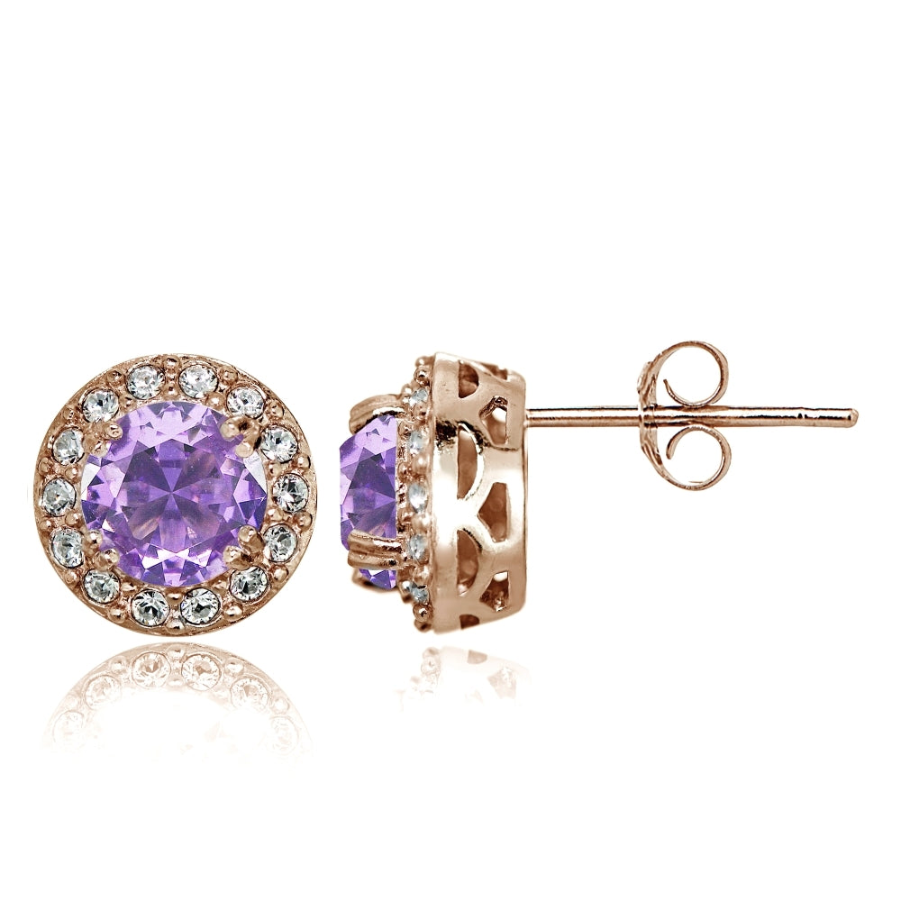 Rose Gold Flashed Sterling Silver Created Amethyst and CZ Accents Round Halo Stud Earrings