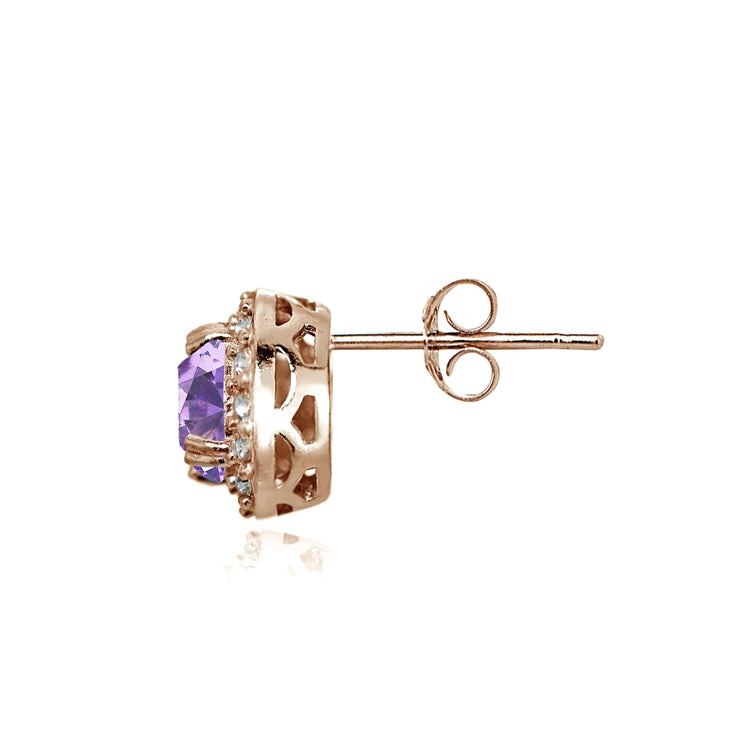 Rose Gold Flashed Sterling Silver Created Amethyst and CZ Accents Round Halo Stud Earrings