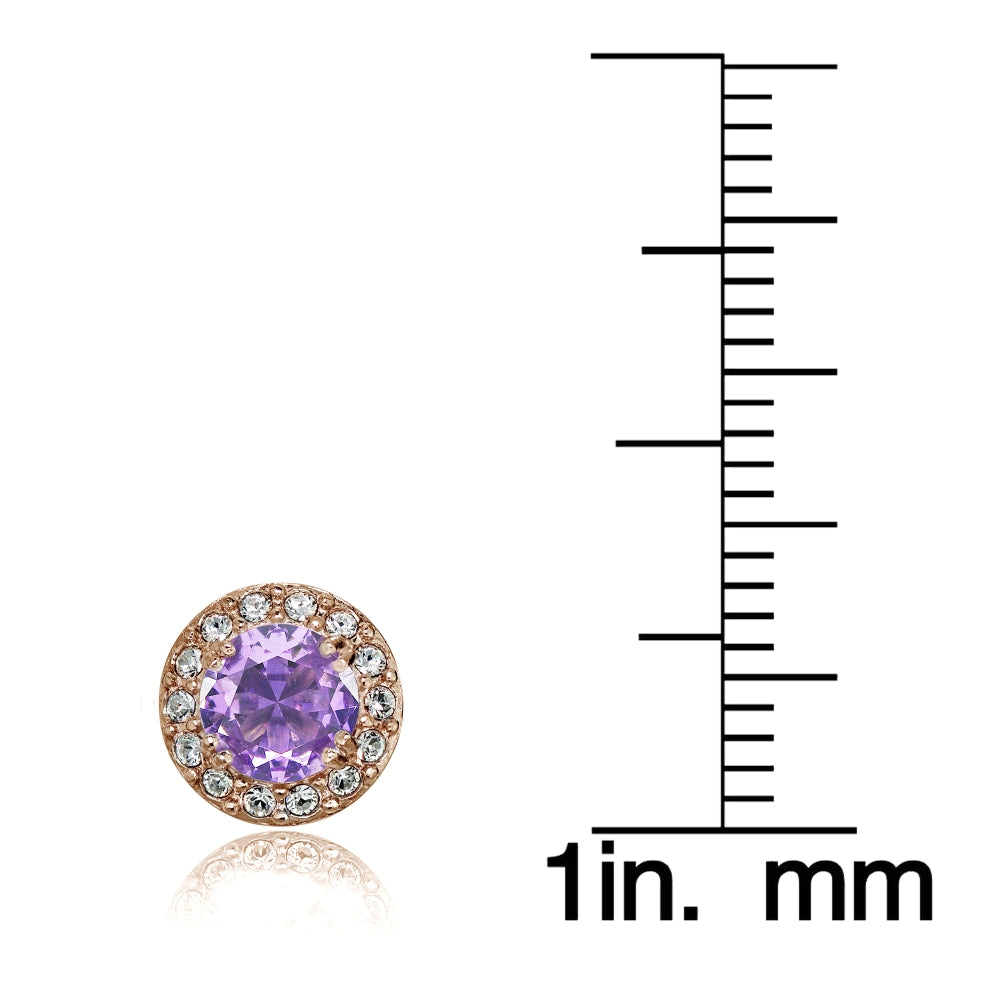 Rose Gold Flashed Sterling Silver Created Amethyst and CZ Accents Round Halo Stud Earrings-3