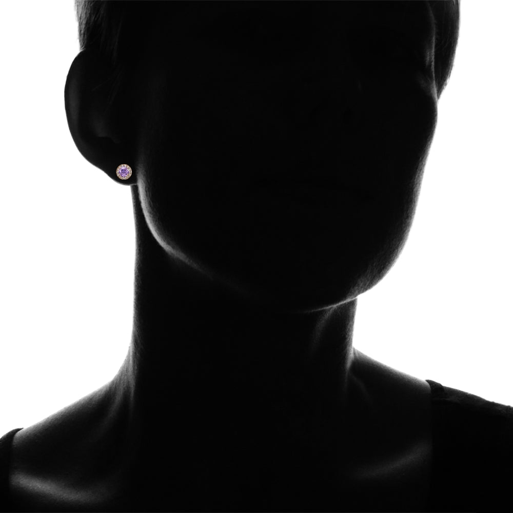 Rose Gold Flashed Sterling Silver Created Amethyst and CZ Accents Round Halo Stud Earrings-4