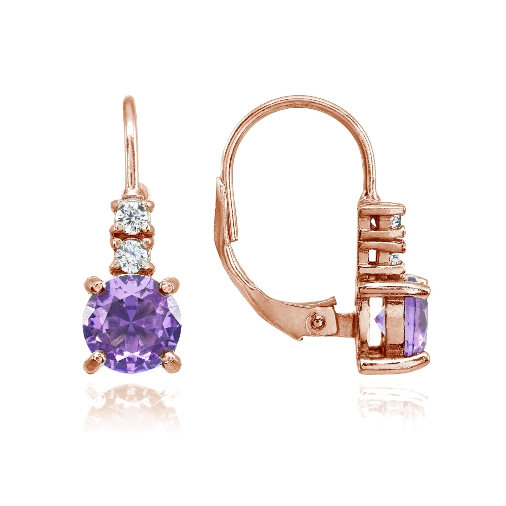 Rose Gold Flashed Sterling Silver Created Amethyst 6mm Round and CZ Accents Leverback Earrings