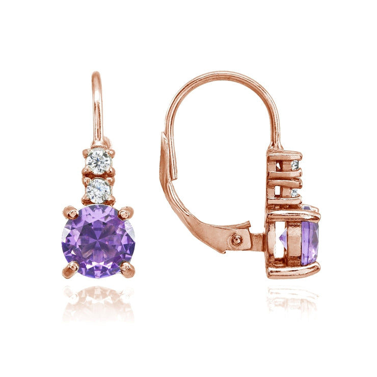 Rose Gold Flashed Sterling Silver Created Amethyst 6mm Round and CZ Accents Leverback Earrings
