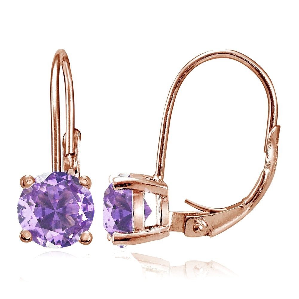 Rose Gold Flashed Sterling Silver Created Amethyst 6mm Round Leverback Earrings