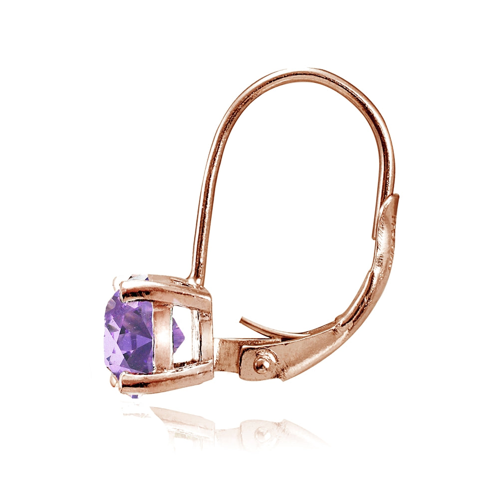Rose Gold Flashed Sterling Silver Created Amethyst 6mm Round Leverback Earrings-2