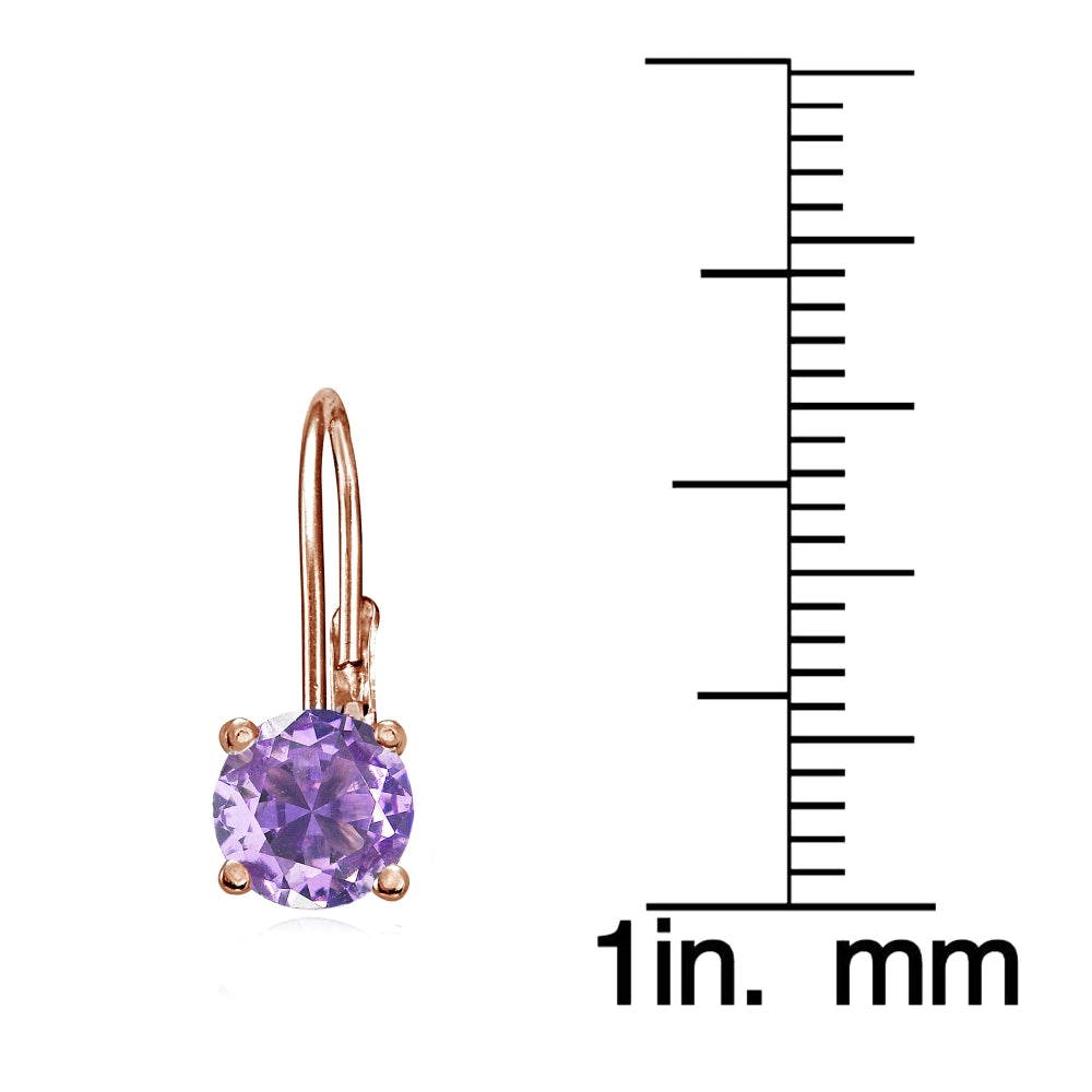 Rose Gold Flashed Sterling Silver Created Amethyst 6mm Round Leverback Earrings-3