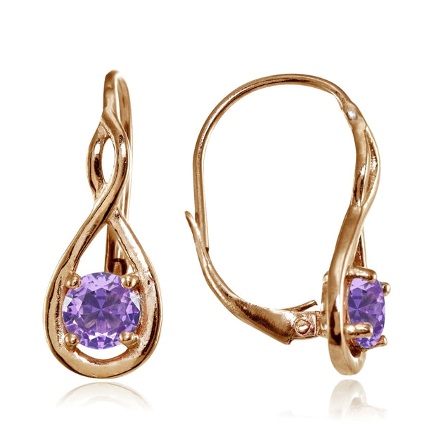 Rose Gold Flashed Sterling Silver Created Amethyst 5mm Round Infinity Leverback Earrings