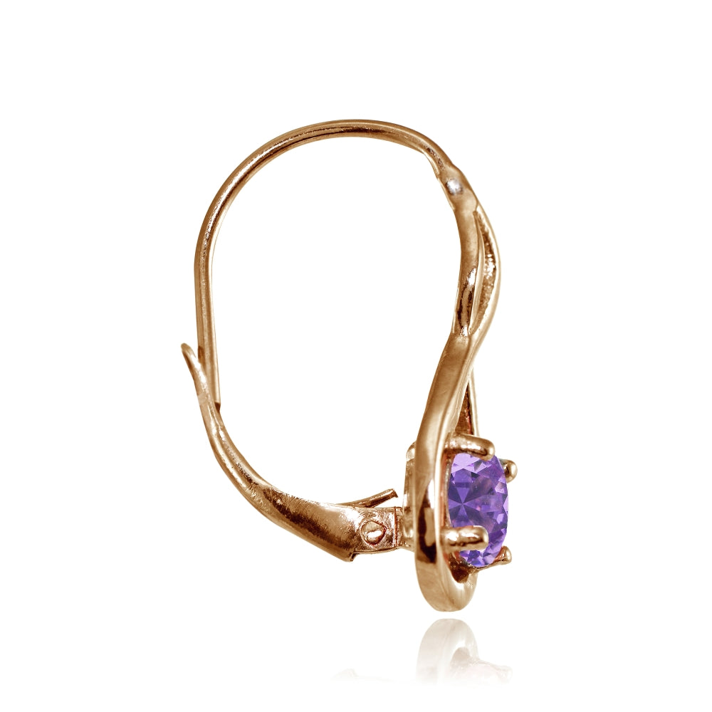 Rose Gold Flashed Sterling Silver Created Amethyst 5mm Round Infinity Leverback Earrings-2