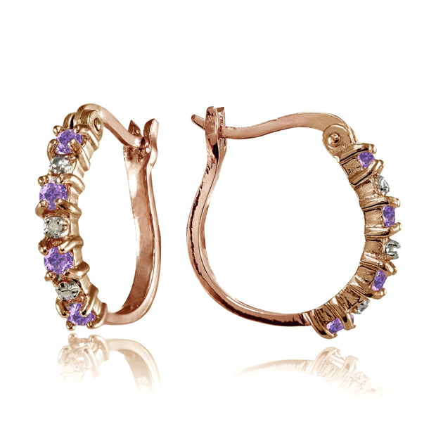 Rose Gold Flashed Sterling Silver Polished Created Amethyst Round Hoop Earrings