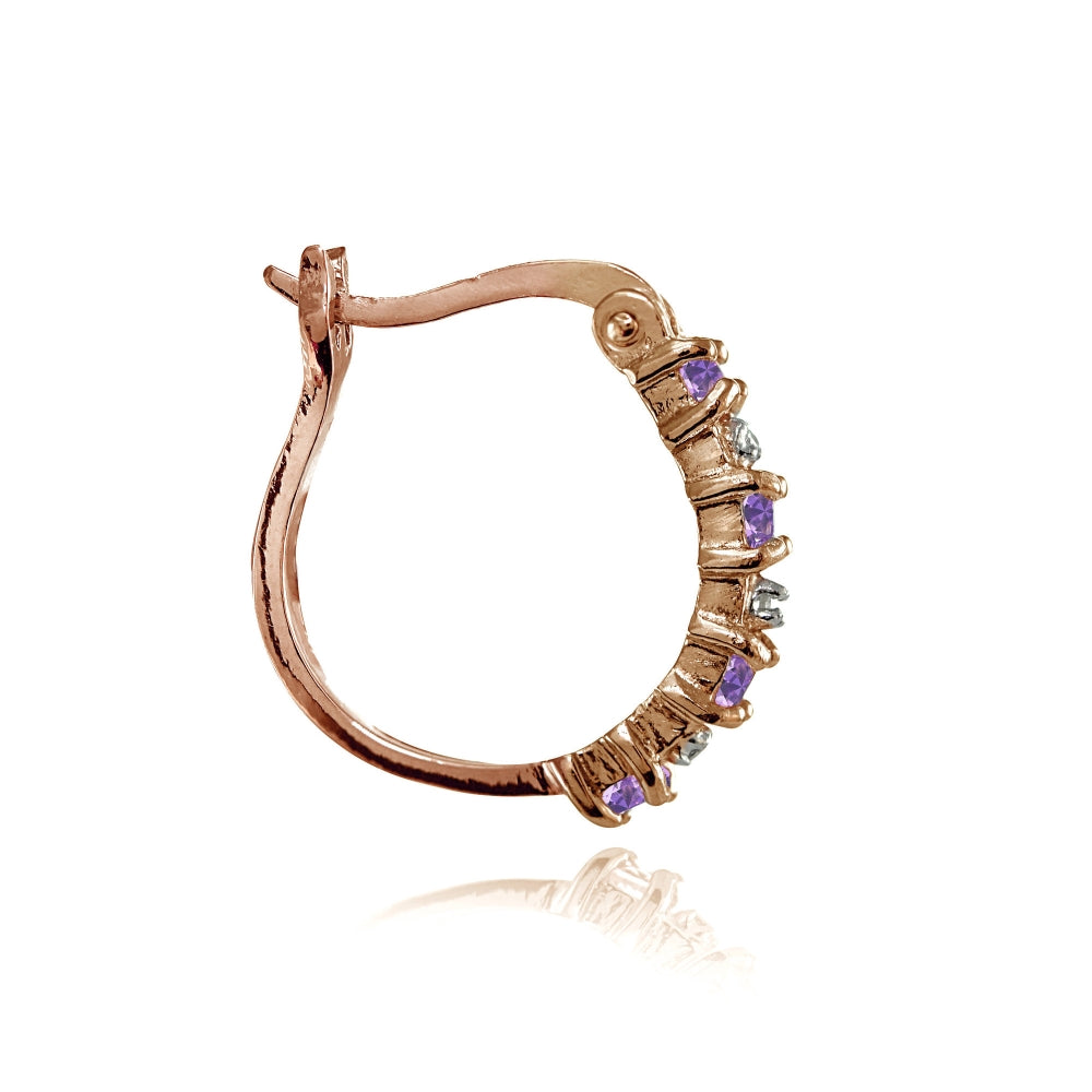 Rose Gold Flashed Sterling Silver Polished Created Amethyst Round Hoop Earrings-2