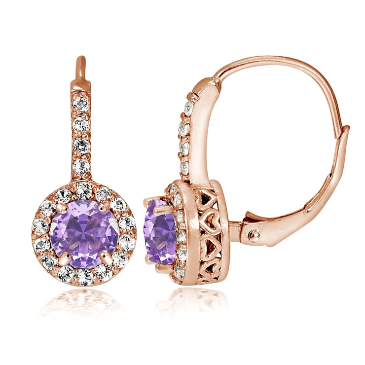 Rose Gold Flashed Sterling Silver Created Amethyst 5mm Round and CZ Accents Leverback Earrings