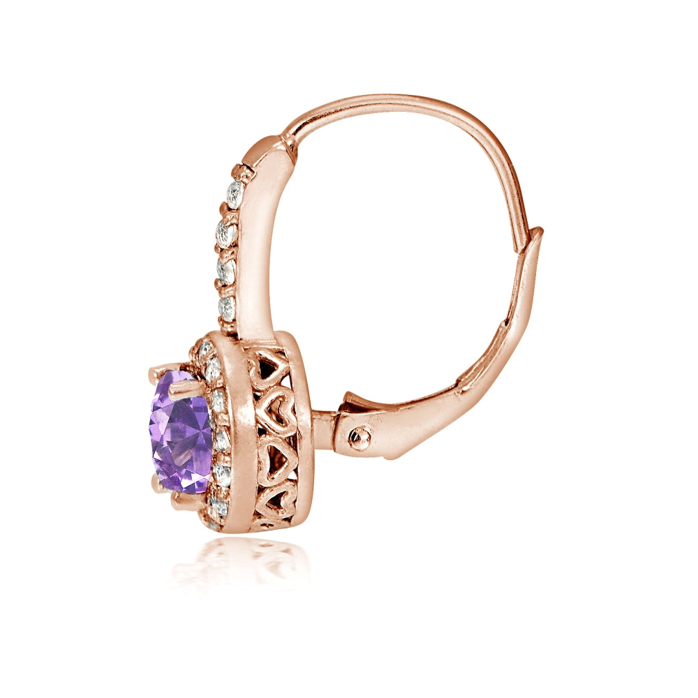 Rose Gold Flashed Sterling Silver Created Amethyst 5mm Round and CZ Accents Leverback Earrings-2