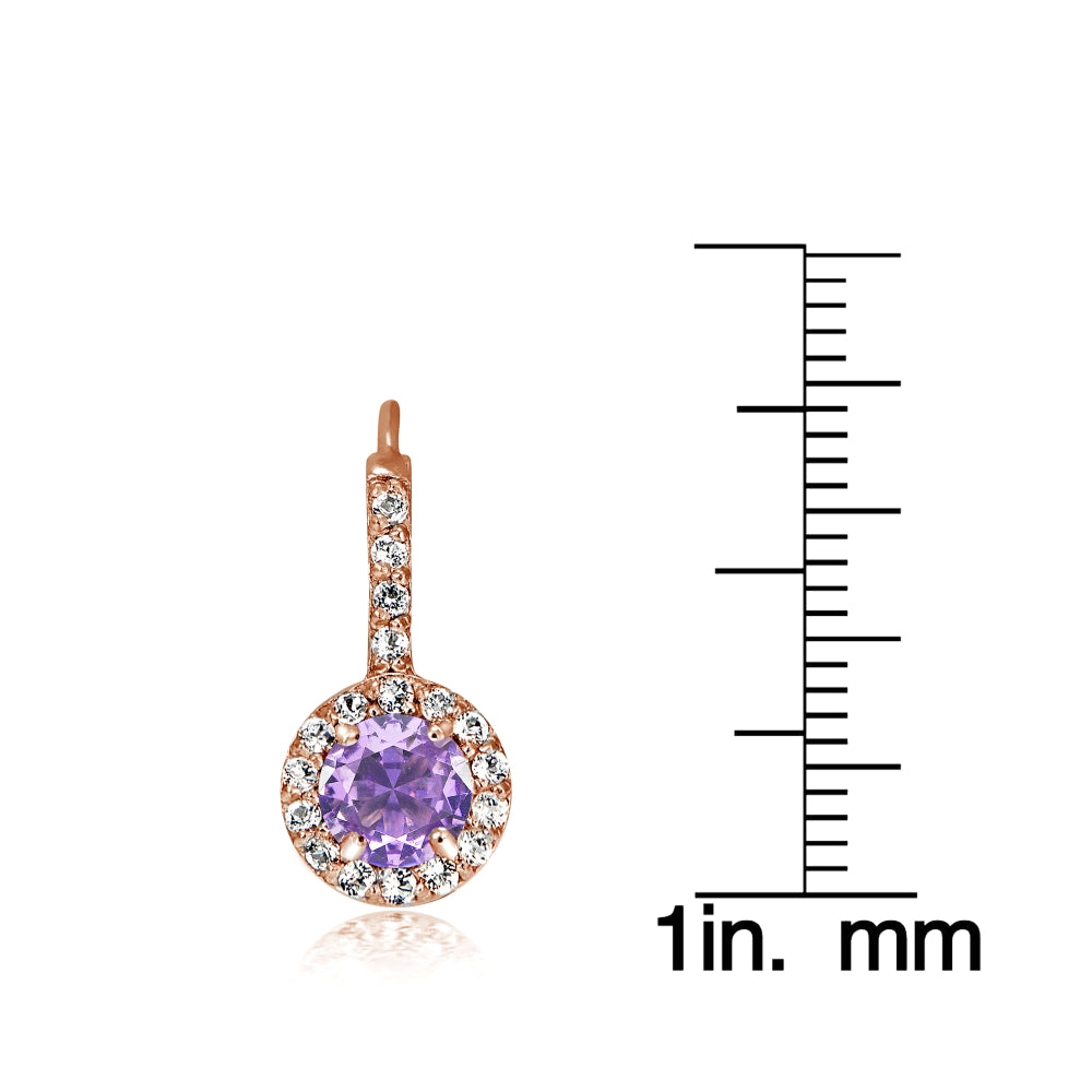Rose Gold Flashed Sterling Silver Created Amethyst 5mm Round and CZ Accents Leverback Earrings-3