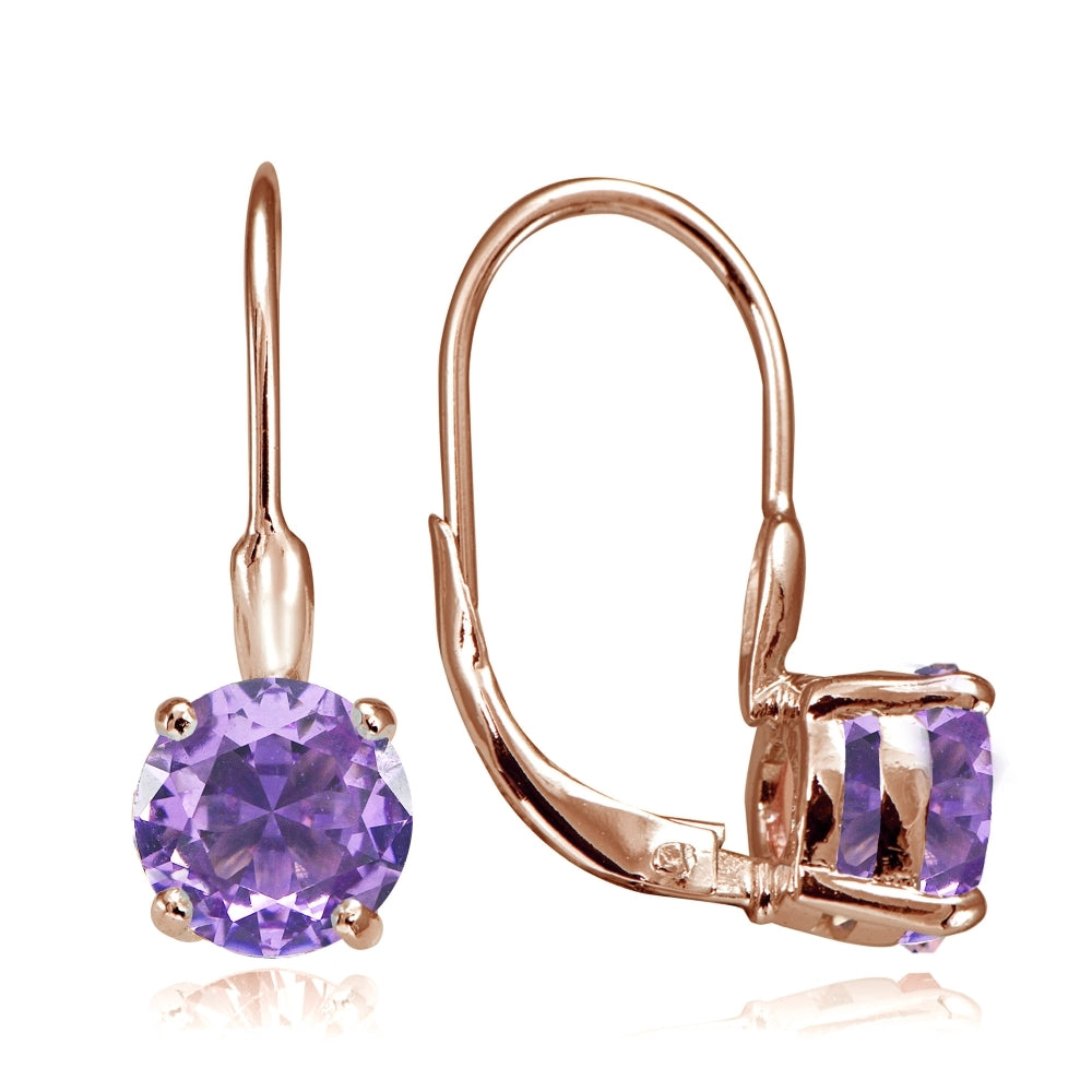 Rose Gold Flashed Sterling Silver Created Amethyst 7mm Round Solitaire Leverback Earrings