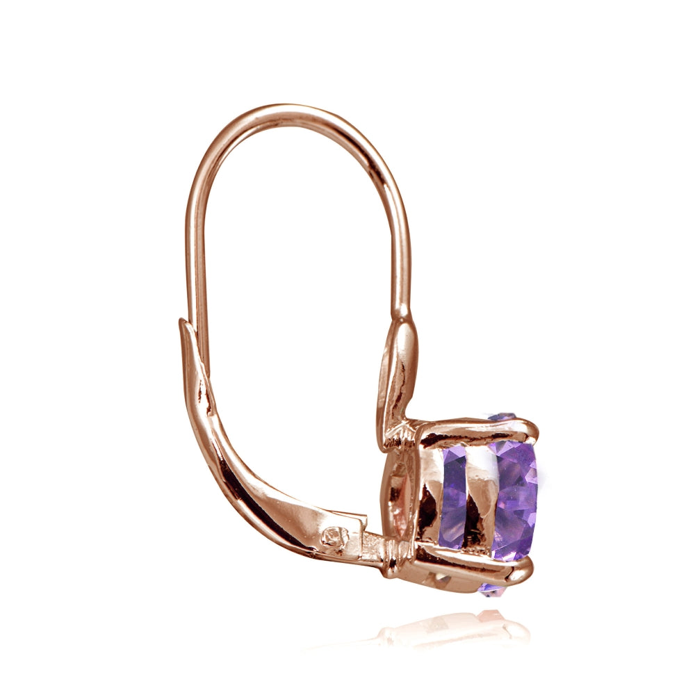 Rose Gold Flashed Sterling Silver Created Amethyst 7mm Round Solitaire Leverback Earrings-2
