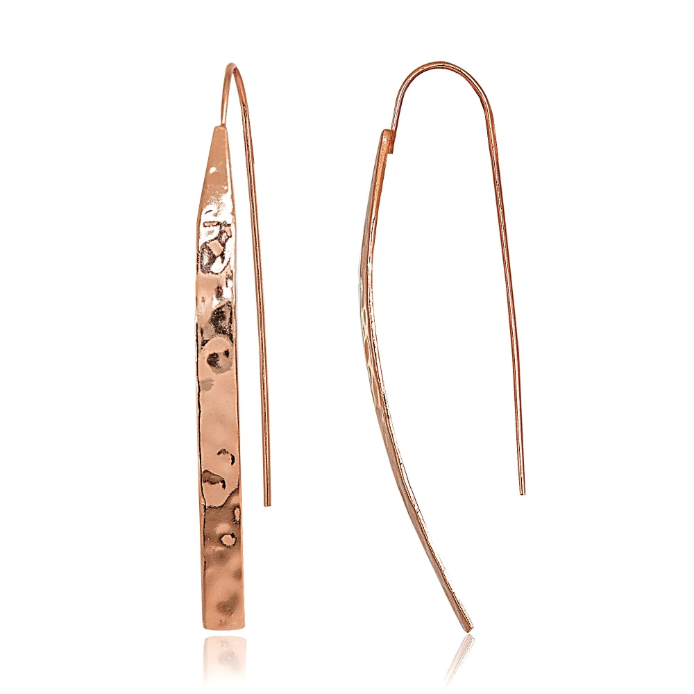 Rose Gold Flashed Sterling Silver Hammered Curved Long Bar Threader Drop Earrings
