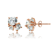 Rose Gold Flashed Sterling Silver Cubic Zirconia Round Cluster Graduated Three Stone Stud Earrings