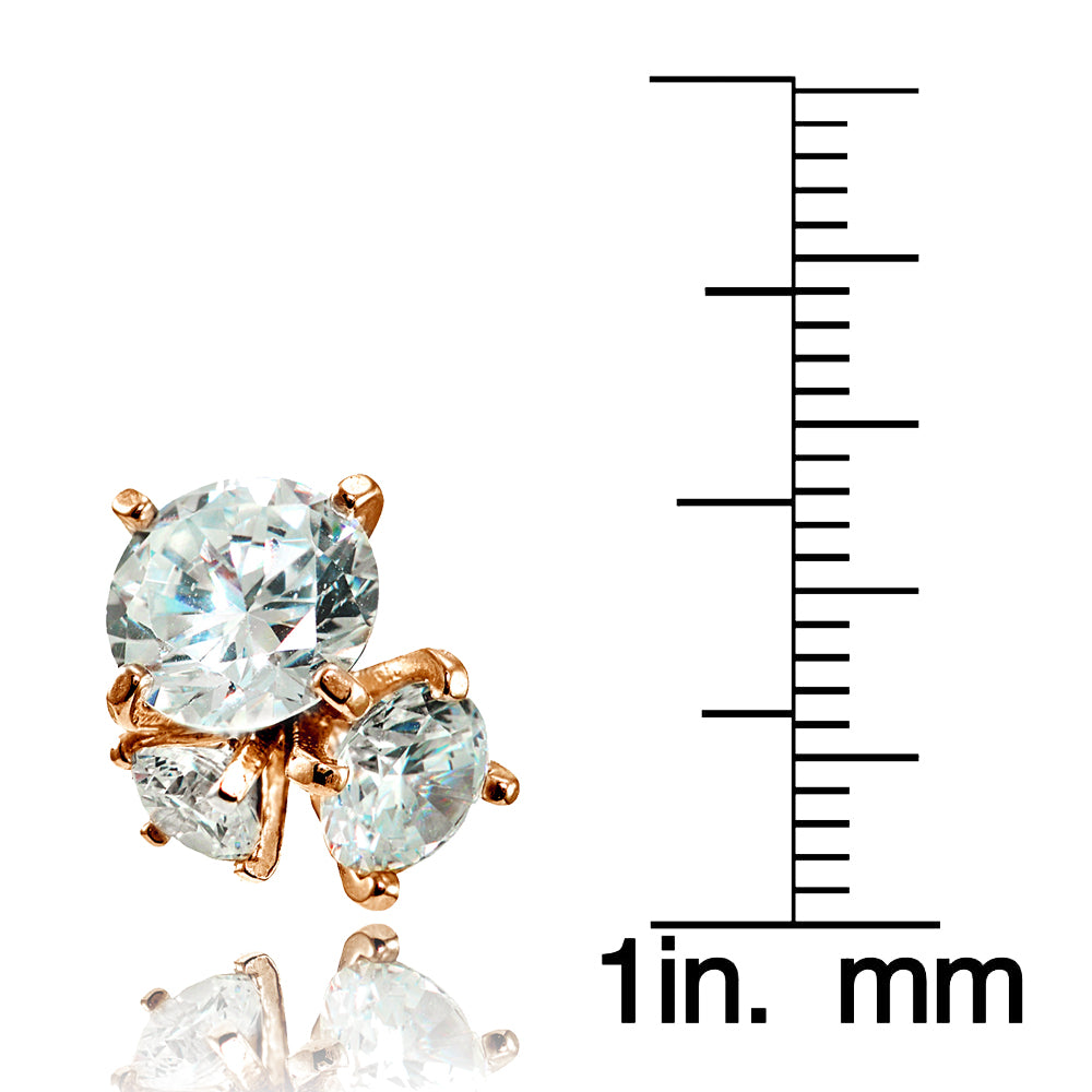 Rose Gold Flashed Sterling Silver Cubic Zirconia Round Cluster Graduated Three Stone Stud Earrings-3