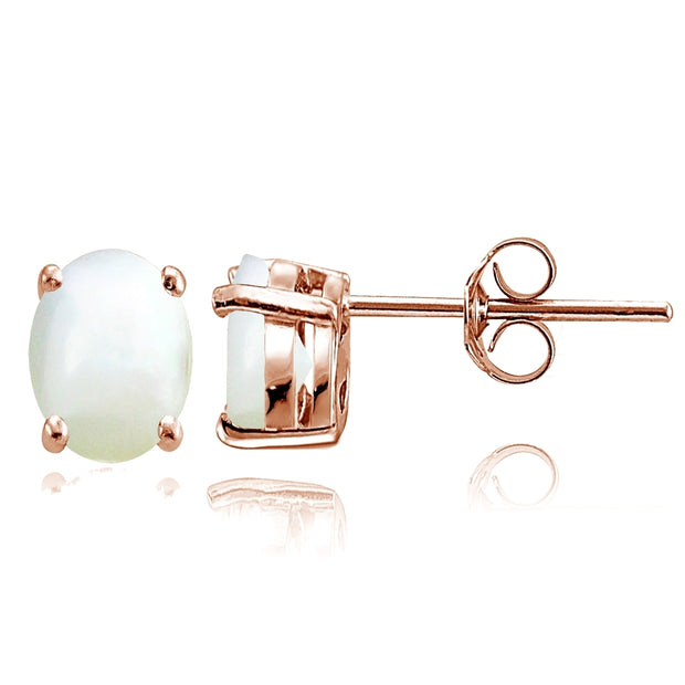 Rose Gold Flashed Sterling Silver Created Mother of Pearl 8x6mm Oval Solitaire Stud Earrings