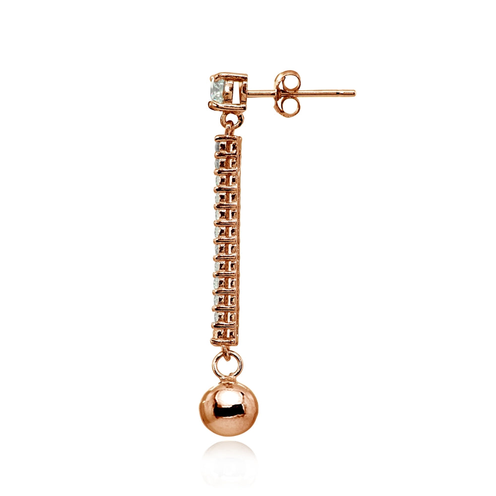 Rose Gold Flashed Sterling Silver Cubic Zirconia Round Long Dangling Bar Bead Drop Stud Earrings-2