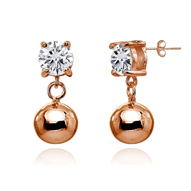 Rose Gold Flashed Sterling Silver Cubic Zirconia 4mm Dangling Round Bead Stud Earrings
