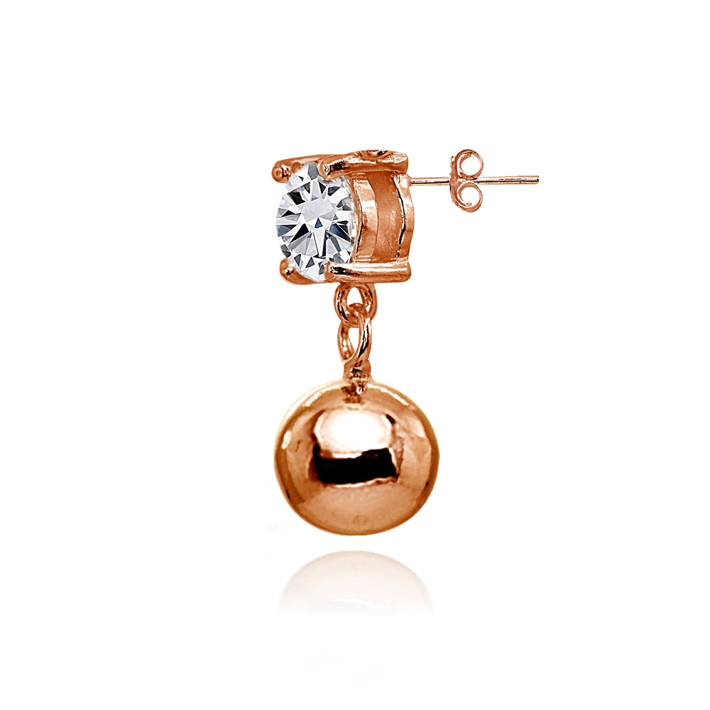 Rose Gold Flashed Sterling Silver Cubic Zirconia 4mm Dangling Round Bead Stud Earrings-2