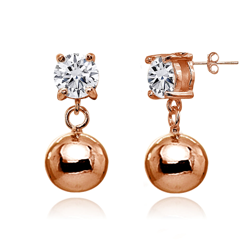Rose Gold Flashed Sterling Silver Cubic Zirconia 5mm Dangling Round Bead Stud Earrings