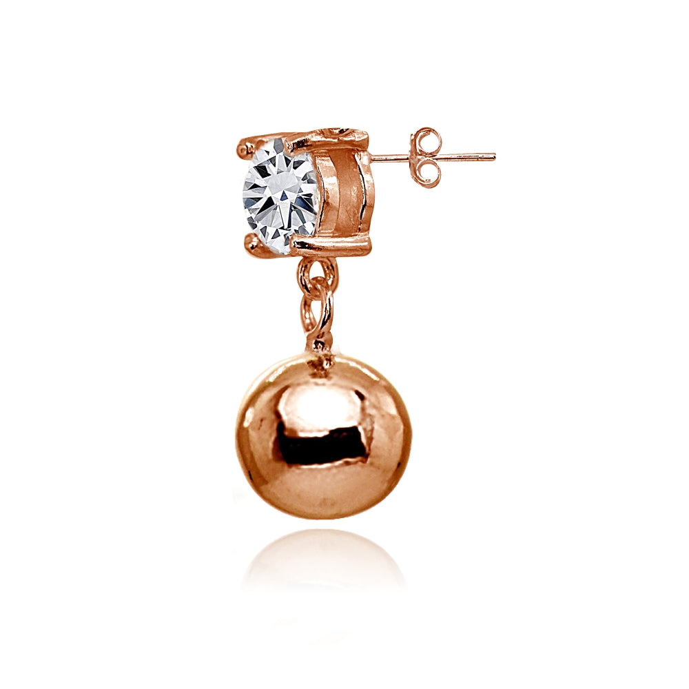 Rose Gold Flashed Sterling Silver Cubic Zirconia 5mm Dangling Round Bead Stud Earrings-2