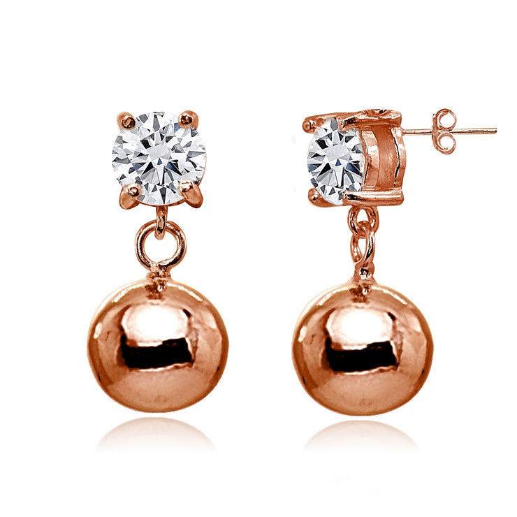 Rose Gold Flashed Sterling Silver Cubic Zirconia 6mm Dangling Round Bead Stud Earrings