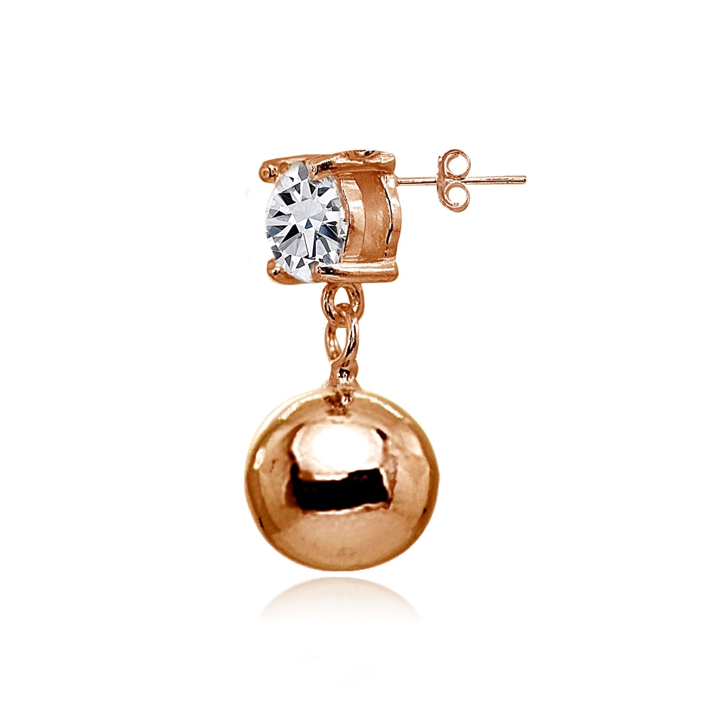 Rose Gold Flashed Sterling Silver Cubic Zirconia 6mm Dangling Round Bead Stud Earrings-2